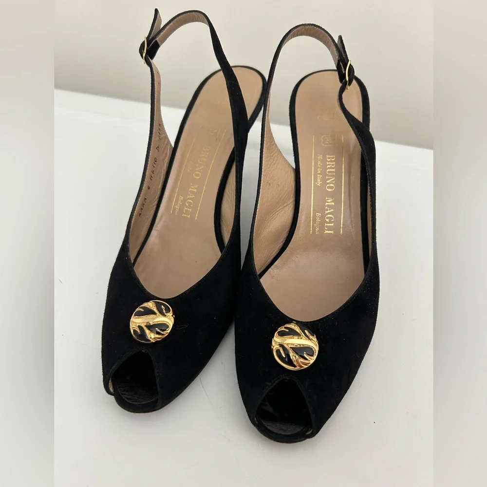 Bruno Magli Suede Peep Toe Slingback Heels Black Size 8 AAAA Extra Narrow